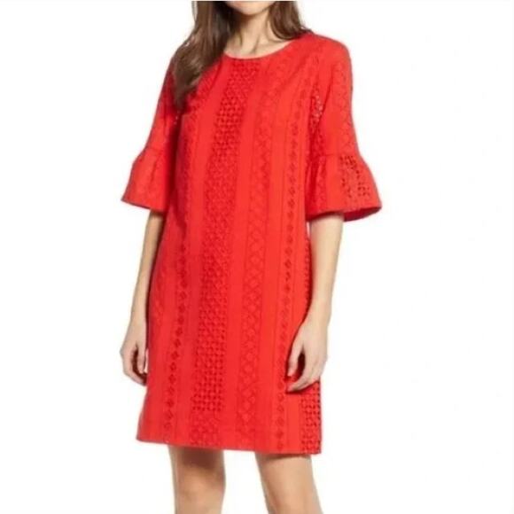 J.Crew Dress Size 8 Red Eyelet Shift Black Label Preppy Cherry Girl Twee Preppy - Picture 1 of 8